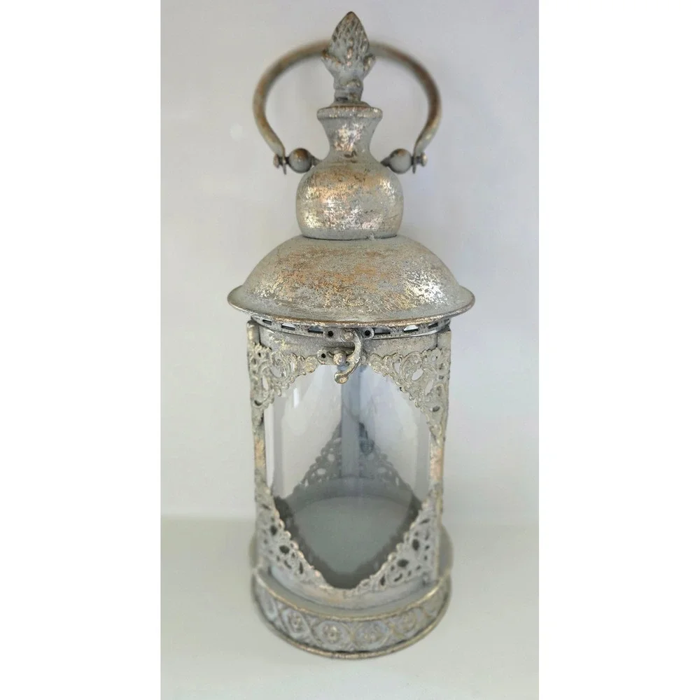 Vintage Style Distressed Grey Gold Metal Filigree Glass Candle Lantern Handle